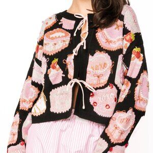 QUEEN OF SPARKLES Black Cake & Pastries Valentine Tie-Up Sweater